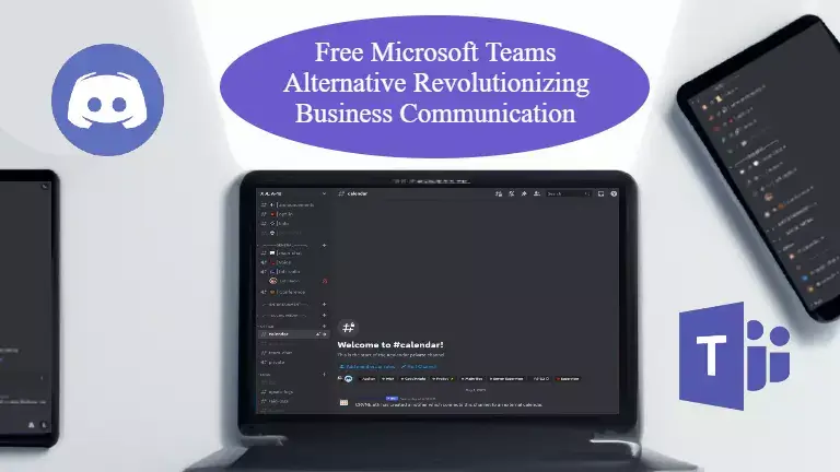 Laptop, tablet, and phone displaying Discord interface on a white background with Discord and MS Teams logos. Text reading Free Microsoft Teams Alternative Revolutionizing Business Communication on a purple oval. Image related to an article on Discord as a free Microsoft Teams alternative for workgroup platforms.