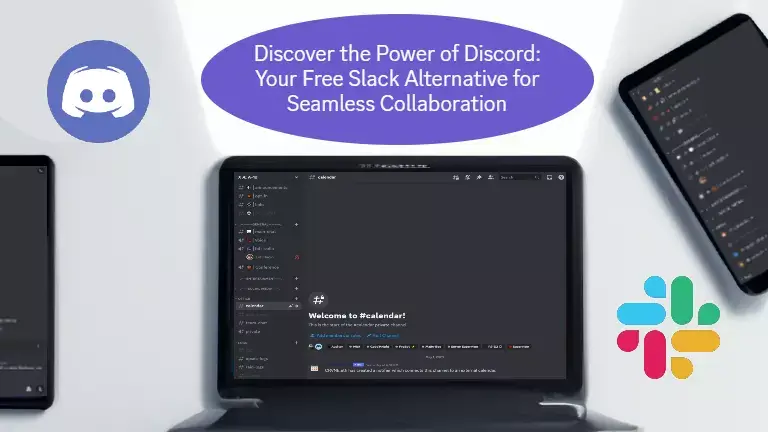 Laptop, tablet, and phone displaying Discord interface on a white background with Discord and Slack logos. Text reading Discover the Power of Discord: Your Free Slack Alternative for Seamless Collaboration on a purple oval. Image related to an article on Discord as a free Slack alternative for workgroup platforms.